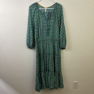 Matilda Jane Women's L Floral Tiered Peasant Dress Green Purple Boho Keyhole Tie